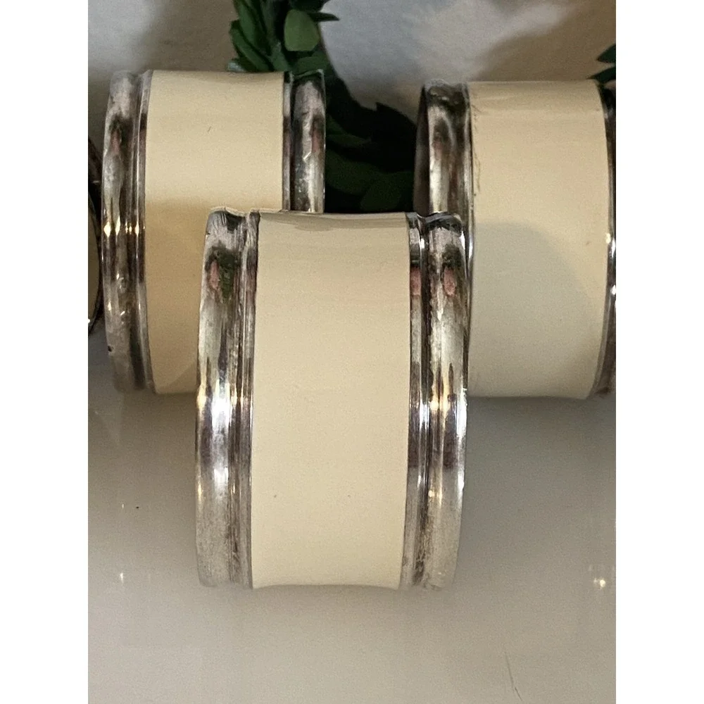 Vintage Set Of‎ 7 Silver Plated And Beige Enamel Napkin Rings Great Quality MCM